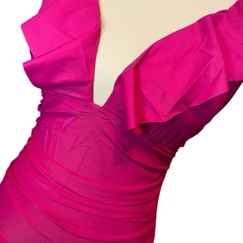 J. Crew One Piece Swimsuit SIze 12 Ruched V Neck Ruffled‎ Hot Pink Fuchsia New